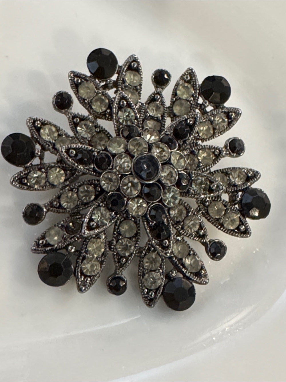 Vintage-Inspired Black and Clear Crystal Floral Brooch - Unbranded